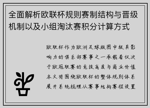 全面解析欧联杯规则赛制结构与晋级机制以及小组淘汰赛积分计算方式